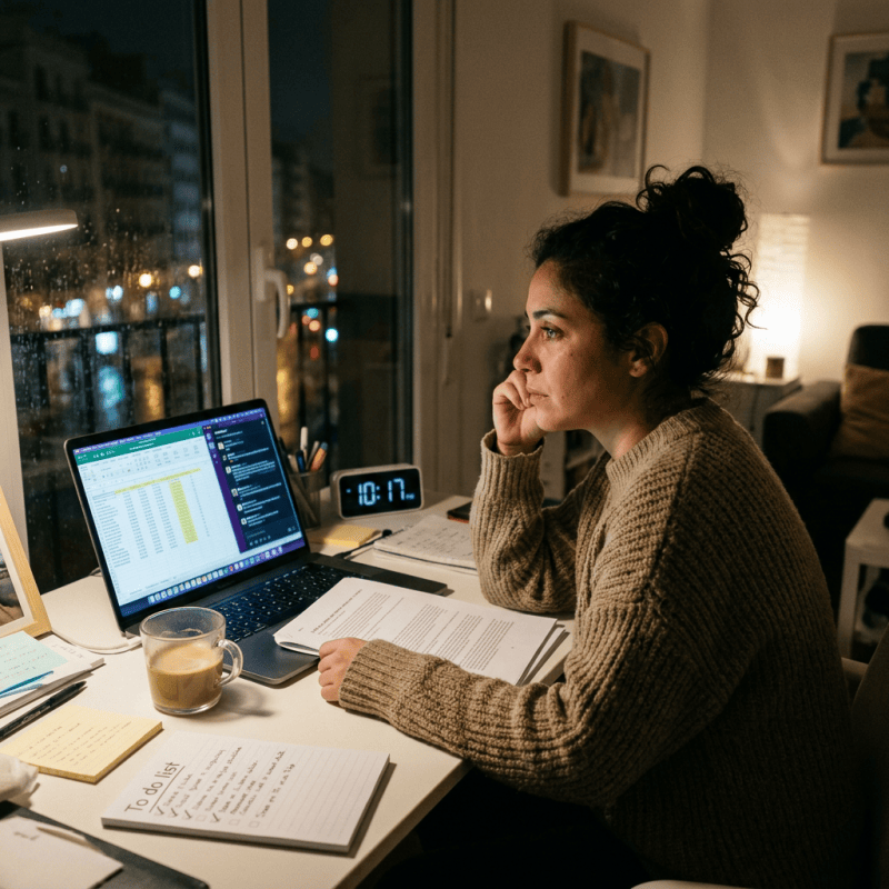 Woman working beside a laptop, documents, coffee, and clock showing 10:17