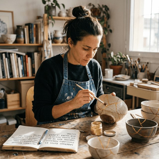 Ceramic artist painting golden repair lines on a bowl